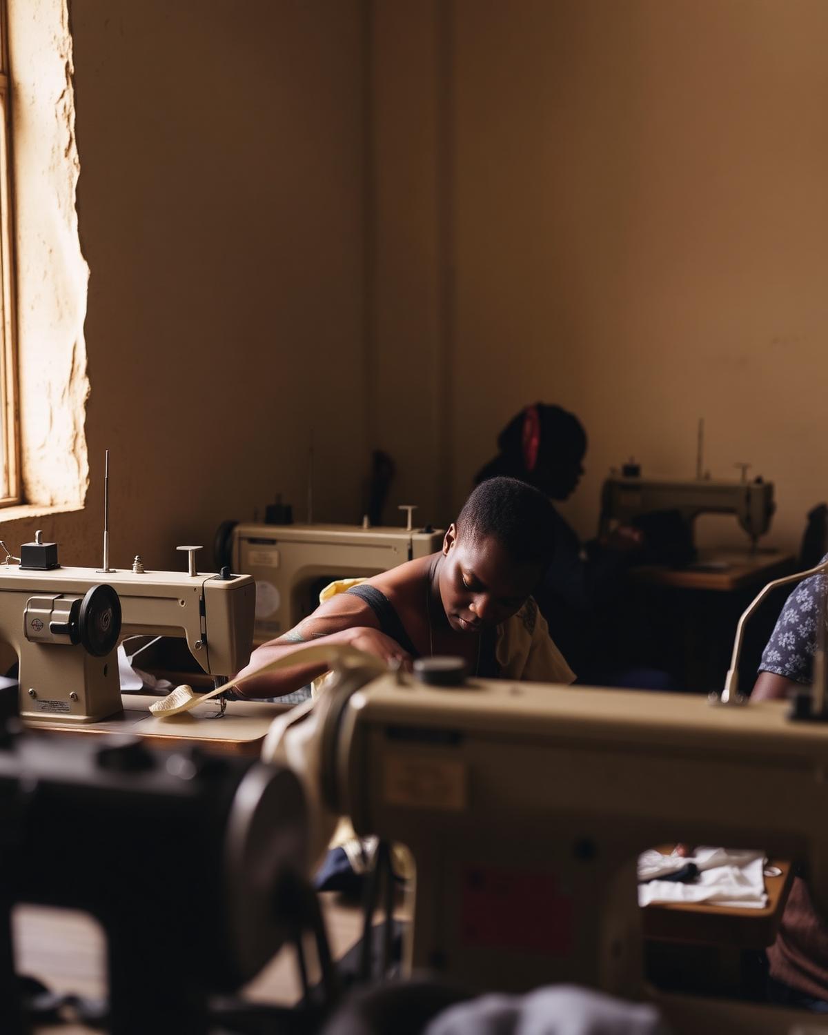 Tailor at a sewing machine measuring fabric in a garment workshop