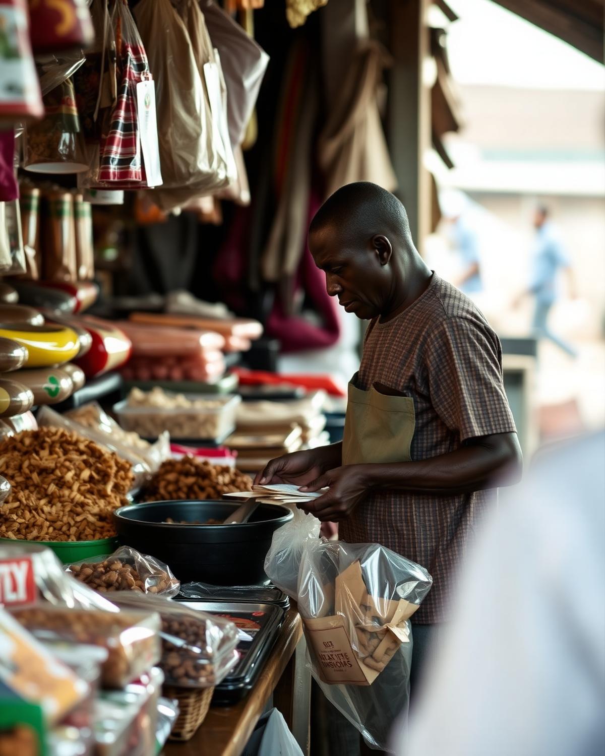 Trader arranging goods at a retail market stall