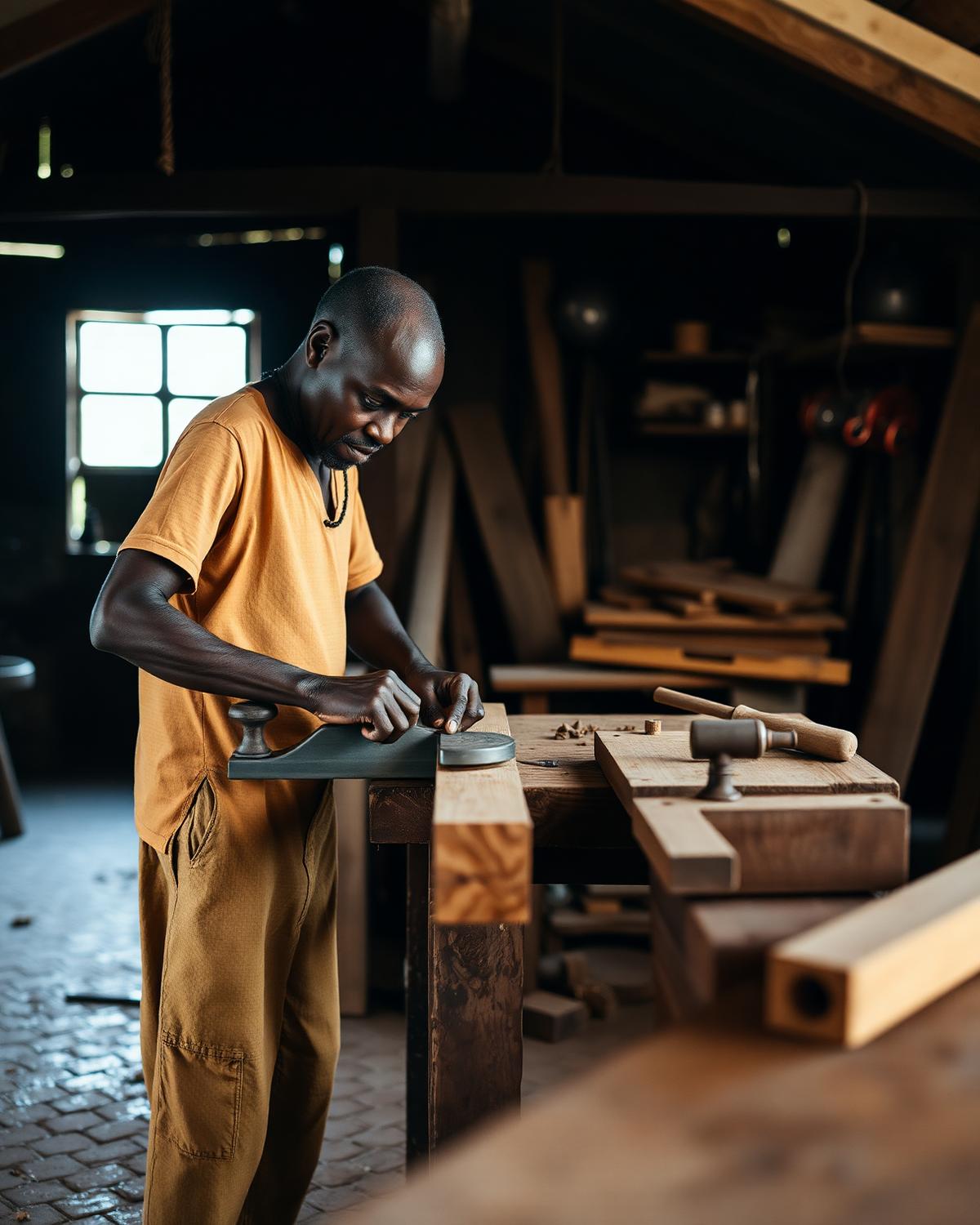 Craftsman planing timber at a workbench in a woodworking workshop